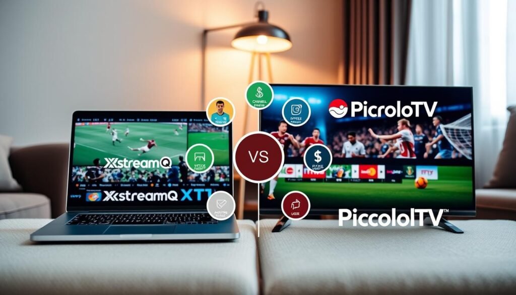 A visually engaging comparison graphic showcasing the features of two IPTV services for sports streaming, XstreamQ and PiccoloTV. In the foreground, a sleek laptop and a smart TV side by side, displaying vibrant sports channels, with logos of both services subtly featured. The middle layer features icons representing key features such as channel variety, price, and user ratings, artistically arranged around the devices. The background includes a cozy living room setting, with soft lighting emanating from a stylish lamp to create an inviting atmosphere. The angle should capture the arrangement from slightly above, emphasizing the tech-savvy feel. The mood is informative yet dynamic, appealing to sports enthusiasts looking for the best IPTV service.