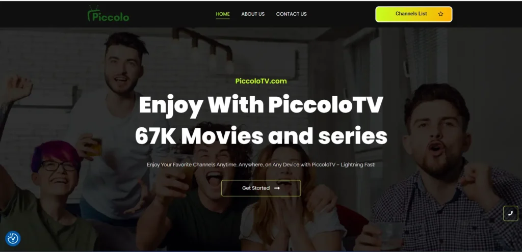 Hero banner for PiccoloTV homepage showing a group of friends cheering in a living room with bold white text about 67K movies and series.