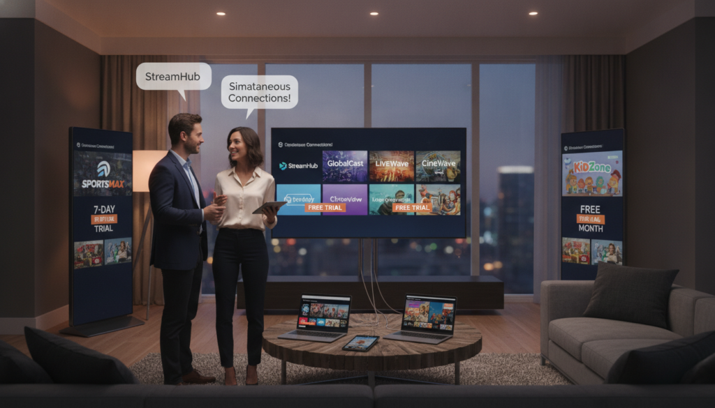 A modern living room scene showcasing multiple screens displaying various IPTV services, including logos for free trials. In the foreground, a professional-looking man and woman are discussing the benefits of simultaneous connections, both wearing smart casual attire. The middle ground features a coffee table with devices (laptop, tablet, smartphone) streaming different channels, symbolizing connectivity. The background reveals a cozy atmosphere with dim, warm lighting that emphasizes the screens' glow. A soft-focus window shows the evening cityscape outside, adding a contemporary urban vibe. The overall mood is informative and engaging, demonstrating the ease and variety of IPTV services while maintaining a professional tone.
