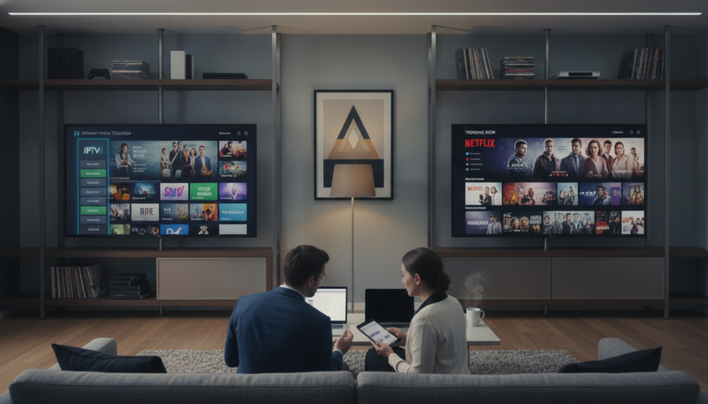 A modern living room scene showcasing two distinct entertainment systems side by side. On the left, a sleek IPTV interface displayed on a large flat-screen TV, featuring a vibrant, user-friendly menu filled with various channels and live content. On the right, a Netflix interface prominently displaying a cinematic selection of movies and series, highlighted by an eye-catching thumbnail layout. The foreground includes a comfortable sofa with two professionals, a man and a woman in smart casual attire, deeply engaged in comparing the platforms, with tablets in hand. The middle ground has soft, ambient lighting, casting a warm glow over the room, encouraging a cozy atmosphere. In the background, stylish decor hints at sophistication and modern technology, like gaming consoles and bookshelves filled with entertainment media. The overall mood is collaborative and exploratory, emphasizing user experience.