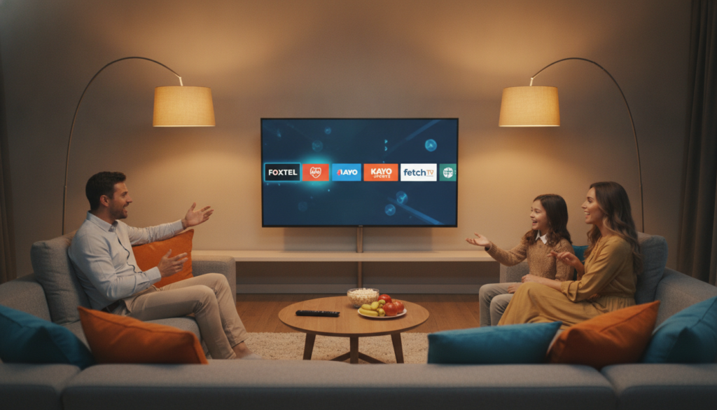 A modern living room setting designed for streaming entertainment, featuring a sleek large-screen TV displaying various logos of top IPTV providers in Australia, such as Foxtel, Kayo Sports, and Fetch TV. In the foreground, a comfortable couch with vibrant cushions invites viewers to relax, while a stylish coffee table holds a remote control and snacks. In the middle ground, a cheerful family in professional attire or casual but modest clothing are shown enjoying content together, exuding a sense of unity and fun. The background features soft ambient lighting from floor lamps, creating a cozy and inviting atmosphere. Capture the scene with a warm color palette and soft focus, as if seen through a wide-angle lens, highlighting the excitement of choosing the right IPTV service.