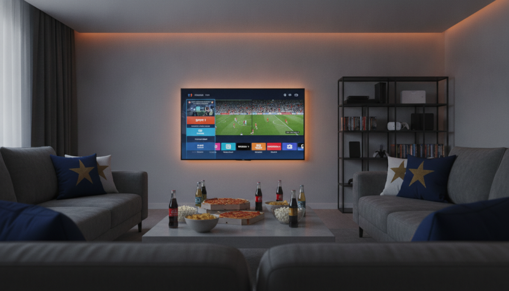 A modern living room setting with a large flat-screen TV displaying a vibrant IPTV interface, showcasing popular sports channels. In the foreground, a stylish coffee table cluttered with snacks and drinks. A comfortable sofa faces the TV, with throw pillows in team colors subtly hinting at a Champions League theme. Soft, warm lighting bathes the room, creating an inviting atmosphere. In the background, a sleek bookshelf holds various tech gadgets and DVDs, emphasizing a tech-savvy lifestyle. The camera angle is slightly low, allowing the viewer to feel immersive in the scene, capturing the excitement of watching sports. The overall mood is relaxed yet energetic, ideal for enjoying live matches with friends and family.