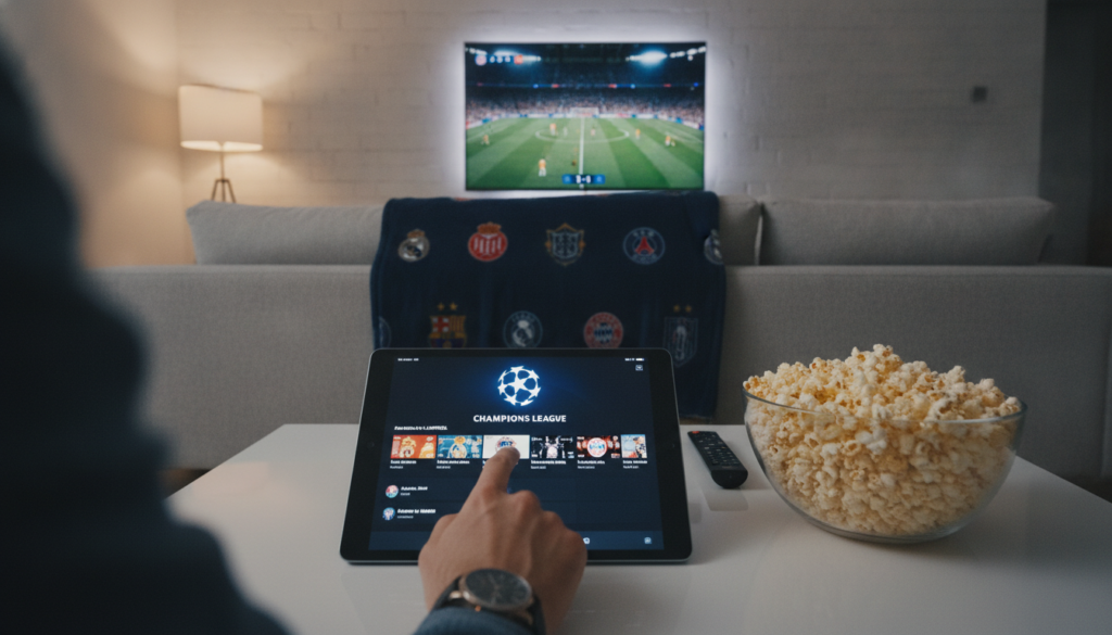 A modern, sleek interface of a Champions League streaming app displayed on a tablet screen, set on a stylish living room coffee table. In the foreground, vividly show the tablet with the app's logo prominently featured, and a hand interacting with the touch screen. The middle ground includes a cozy sofa with a football-themed blanket draped over it, and a bowl of popcorn beside the tablet. In the background, soft ambient lighting illuminates the room, with a wall-mounted TV displaying a Champions League match in action. The atmosphere carries an inviting and entertaining mood, perfect for watching live sports, with a focus on technology and comfort. Use a wide-angle perspective to capture the cozy setup.