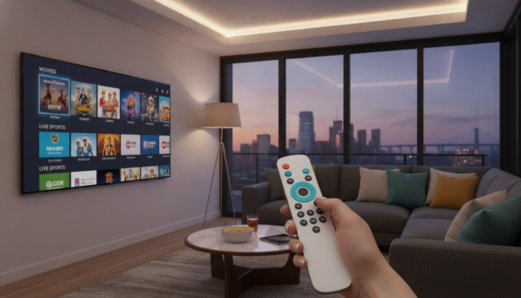 A modern, sleek living room setup showcasing a flat-screen TV streaming IPTV content. In the foreground, a user's hand holding a remote control with colorful buttons, fingers poised over the channel selection. The middle ground features the TV displaying a vibrant, visually engaging menu with icons for movies and live sports, showcasing diverse genres. Soft ambient lighting casts a warm glow, creating an inviting atmosphere. A cozy sofa adorned with decorative cushions and a stylish coffee table with snacks can be seen. In the background, a window reveals a serene Canadian skyline at dusk, hinting at a peaceful evening. The image conveys an enjoyable streaming experience, capturing the essence of watching IPTV in a contemporary home setting.