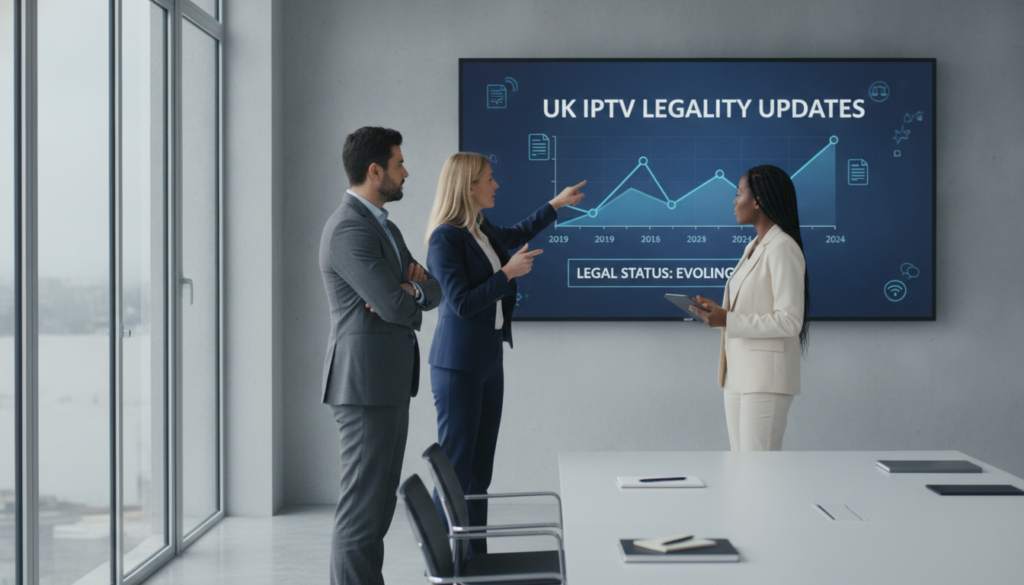A professional and sleek office environment with a large digital screen in the background displaying a graph illustrating IPTV legality updates in the UK. In the foreground, a diverse group of three professionals, dressed in smart business attire, are engaged in a discussion. One individual, a Caucasian woman, points at the graph, while a Hispanic man and an African American woman listen intently. The room is illuminated with soft, natural light coming through large windows, creating a positive and collaborative atmosphere. The angle captures their expressions and the digital screen clearly, emphasizing the topic of IPTV's legal status. The overall mood is focused and informative, suitable for a business article context.