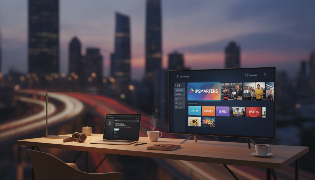 A professional and sleek overview of the IPsmarters IPTV service. In the foreground, a modern digital device displaying the IPsmarters interface with vibrant streaming options. In the middle ground, a workstation with a laptop and a notepad, emphasizing the focus on technology and user experience. The background features a soft-focus cityscape at dusk, with appealing blues and purples in the sky, adding a sense of modernity and connectivity. The scene is well-lit with warm ambient lighting, suggesting a comfortable home environment for streaming. The overall mood is inviting and innovative, showcasing the potential of IPTV services in a stylish and professional manner.