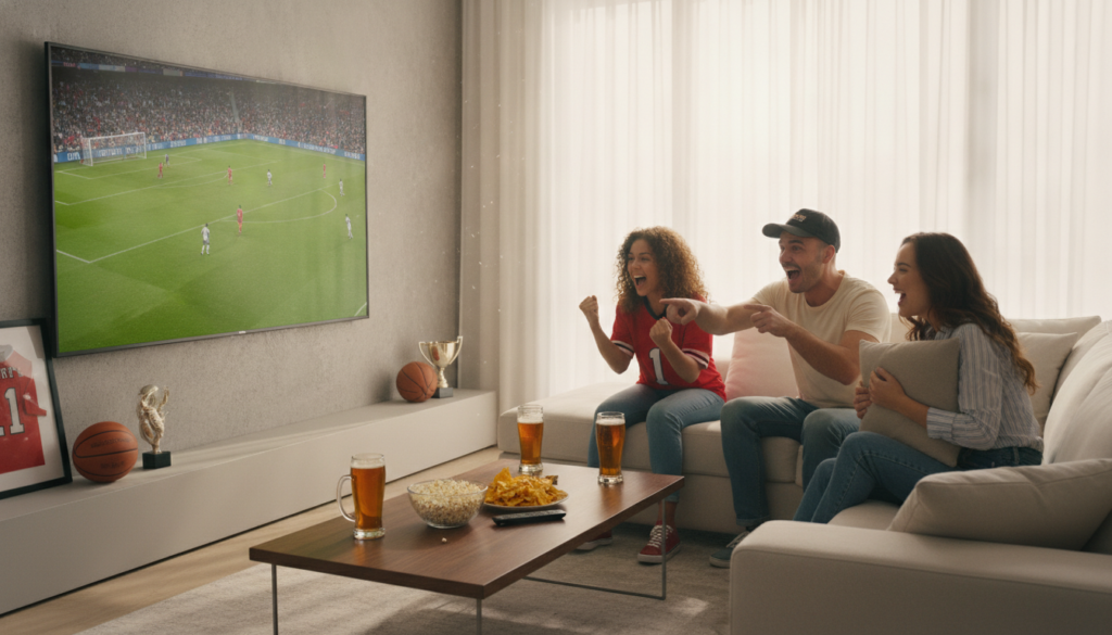 A sleek, modern living room setting designed for sports viewing, featuring a large flat-screen TV displaying vibrant, high-definition sports content. In the foreground, a stylish coffee table holds snacks and drinks, inviting viewers to enjoy the game. The middle ground includes a comfortable couch with plush cushions, where a diverse group of three friends, dressed in casual attire, are excitedly watching the game, their faces expressing anticipation and joy. The background shows large windows with natural sunlight streaming in, creating a warm and inviting atmosphere. The room is decorated with sports memorabilia, emphasizing the theme of sports entertainment. The lighting is bright and inviting, casting soft shadows, while the composition is shot from a slightly elevated angle to capture both the friends' enthusiastic expressions and the impressive TV display. The overall mood is energetic and celebratory, perfect for a sports viewing experience.