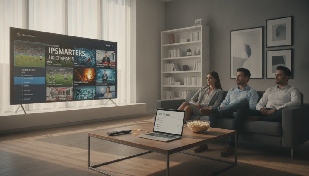 A sleek, modern living room setting with a large flat-screen TV displaying a vibrant interface of IPsmarters HD channels, showcasing a mix of various genres like sports, movies, and news. In the foreground, a stylish coffee table with a remote, snacks, and a laptop displaying IPTV options. The middle ground features a comfortable couch with people in professional attire, engrossed in watching content. Soft, natural light filters through large windows, creating a warm, inviting atmosphere. The background includes tasteful decor, like a bookshelf and framed artwork, complementing the room's modern aesthetic. The scene conveys a sense of comfort and enjoyment, emphasizing the advantages of IPTV services.