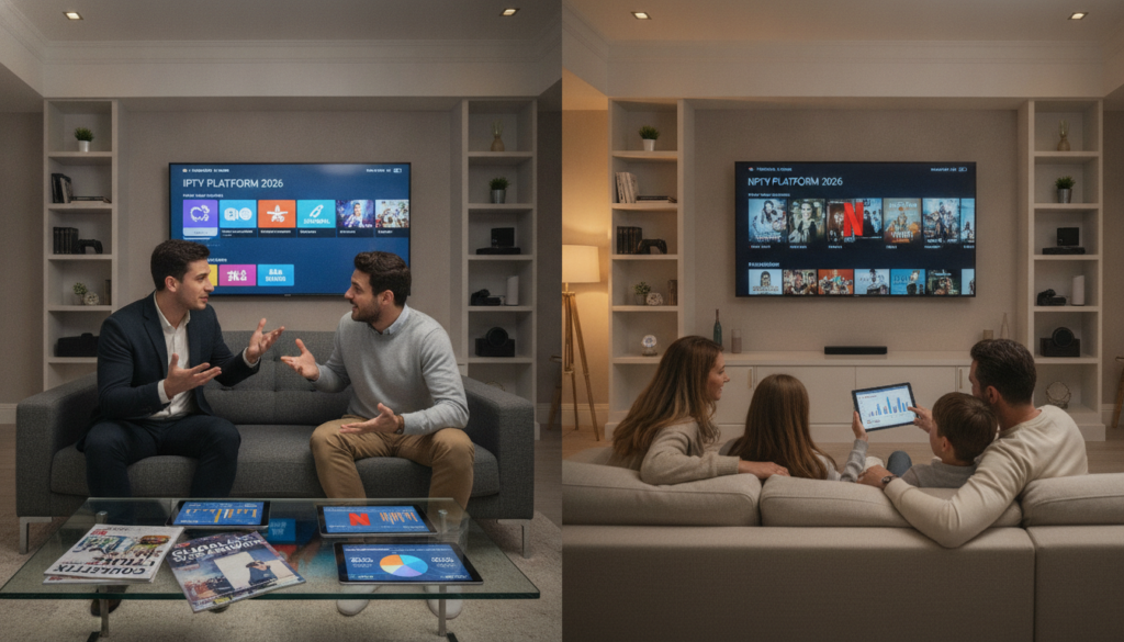 A split image portraying a modern living room scene where two groups of friends are evaluating IPTV versus Netflix in 2026. In the foreground, one group, consisting of two young professionals in business casual attire, sits on a stylish couch, engaged in animated discussion while observing a large, sleek television displaying vibrant streaming interfaces. In the middle ground, there is a coffee table strewn with user review magazines and tablets showing comparison charts. The second group, slightly further back, includes a family in comfortable clothing, analyzing the content on another screen. The atmosphere is lively and tech-savvy, illuminated by warm ambient lighting that enhances the cozy yet dynamic mood. The background features shelves filled with gadgets and books, emphasizing contemporary home entertainment. Use a wide-angle lens to capture the action and intimacy of the scene vividly.