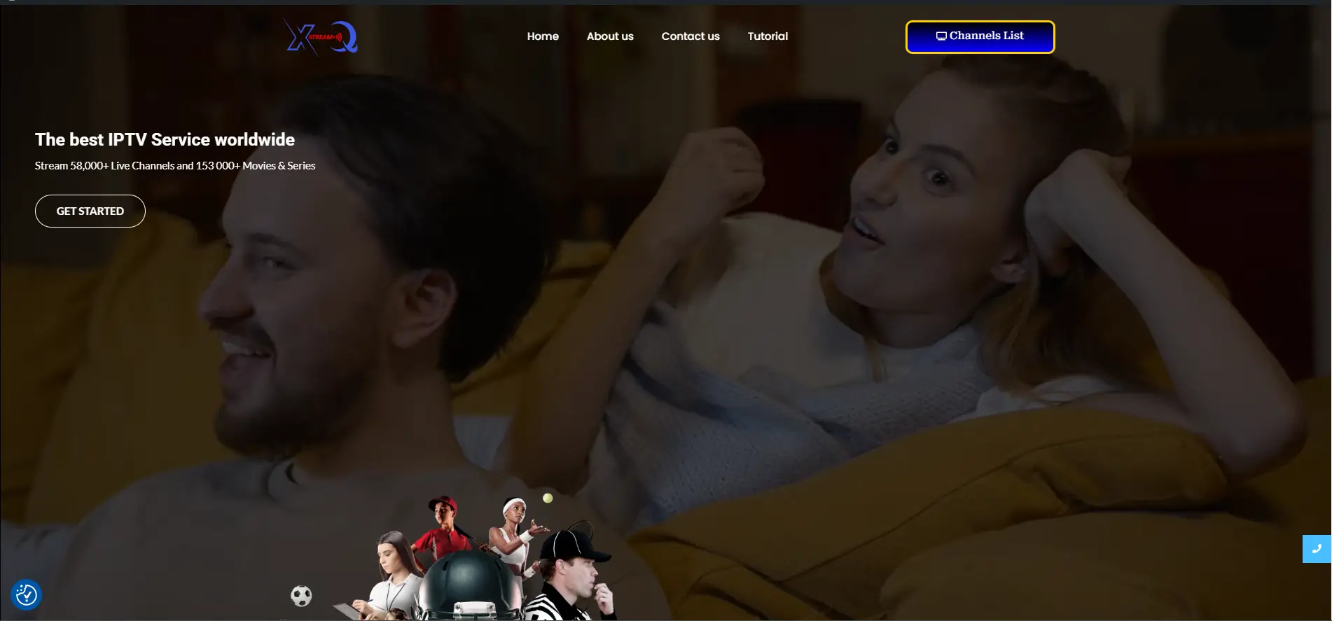 Couple lounging on a sofa watching TV, with IPTV service headline and a Get Started button in the foreground (hero section).