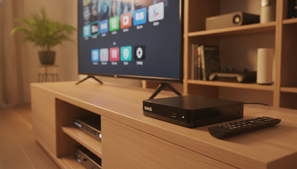 A close-up view of a MAG IPTV box set on a stylish wooden entertainment center. The foreground features the sleek, modern MAG box with its ports and remote, highlighting its user-friendly design. In the middle, an LED television displays a vibrant interface showcasing various IPTV service options, featuring colorful icons for streaming platforms. The background includes subtle hints of a cozy living room with soft lighting, plants, and an organized shelf with tech gadgets. The scene is illuminated by warm light, creating an inviting atmosphere that conveys a blend of technology and comfort. The angle is slightly tilted to emphasize the box in focus while maintaining a relaxed, inviting feel.