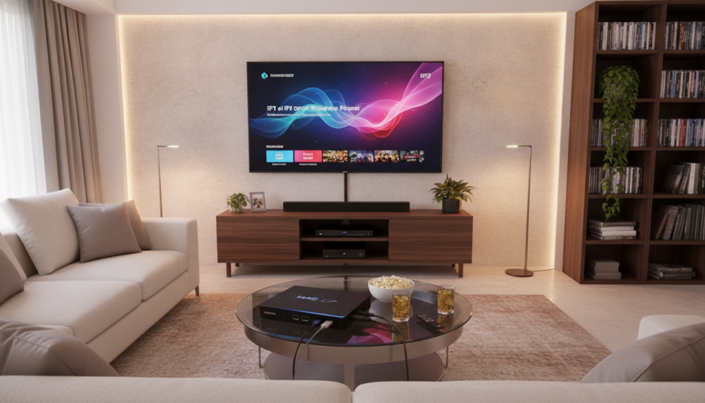 A modern living room featuring a MAG box setup for IPTV streaming, with a large flat-screen TV displaying vibrant streaming content, surrounded by cozy furnishings. In the foreground, a sleek MAG box sits on a stylish media console, connected to various ports and cables. Soft ambient lighting enhances the warm atmosphere, while a coffee table holds a few remote controls and snacks, suggesting a relaxed viewing environment. In the background, a bookshelf filled with DVDs and plants adds a personal touch. The scene is captured from a slightly elevated angle, showcasing both the technology and the inviting space. The overall mood is cozy and tech-savvy, perfect for enjoying the best IPTV services.