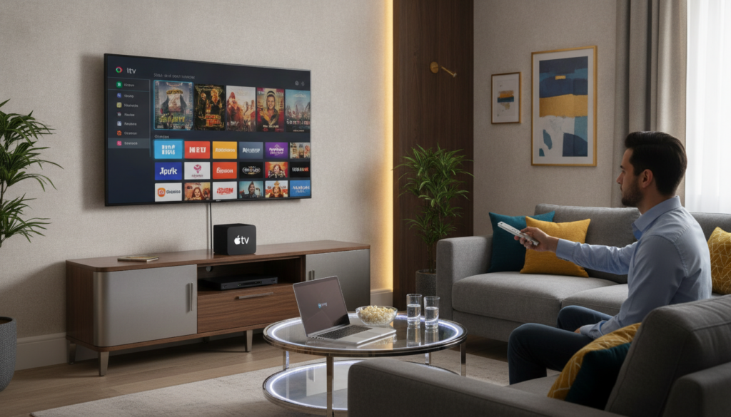 A modern living room with a sleek Apple TV prominently displayed on a stylish entertainment center. In the foreground, a person in casual business attire interacts with a smart remote, showcasing an IPTV app interface filled with vibrant thumbnails of popular streaming content. The middle ground features a comfortable sofa adorned with decorative pillows, and an illuminated coffee table with a laptop and snacks. In the background, soft ambient lighting illuminates the room, highlighting contemporary artwork on the walls. The scene conveys a warm, inviting atmosphere, suggesting a future-proof experience with IPTV while maintaining a clean and organized design. The overall lighting is soft yet bright, emphasizing the advanced technology without distracting from the cozy home setting.