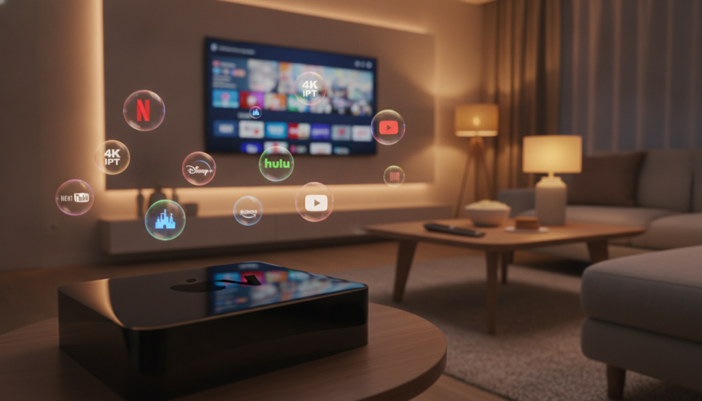 A sleek Apple TV prominently featured in the foreground, its minimalist design reflecting a modern aesthetic. Surrounding the device, vibrant 4K IPTV streaming icons float, showcasing various popular channels and services. In the middle ground, an elegantly designed living room with a large flat-screen television displaying a colorful streaming interface, soft ambient lighting creating a cozy atmosphere. In the background, a stylish coffee table with a remote control, snacks, and a warm lamp casting a gentle glow. The scene is captured with a shallow depth of field, emphasizing the Apple TV and IPTV icons, with a warm color palette conveying a welcoming mood, ideal for family entertainment and digital streaming experiences.