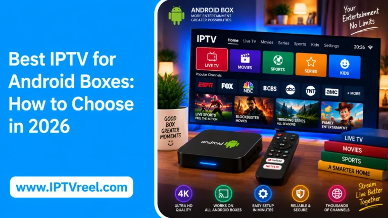 Modern living room with Android TV box and IPTV channel guide on screen