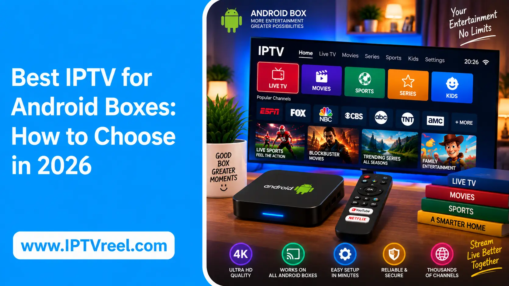 Modern living room with Android TV box and IPTV channel guide on screen