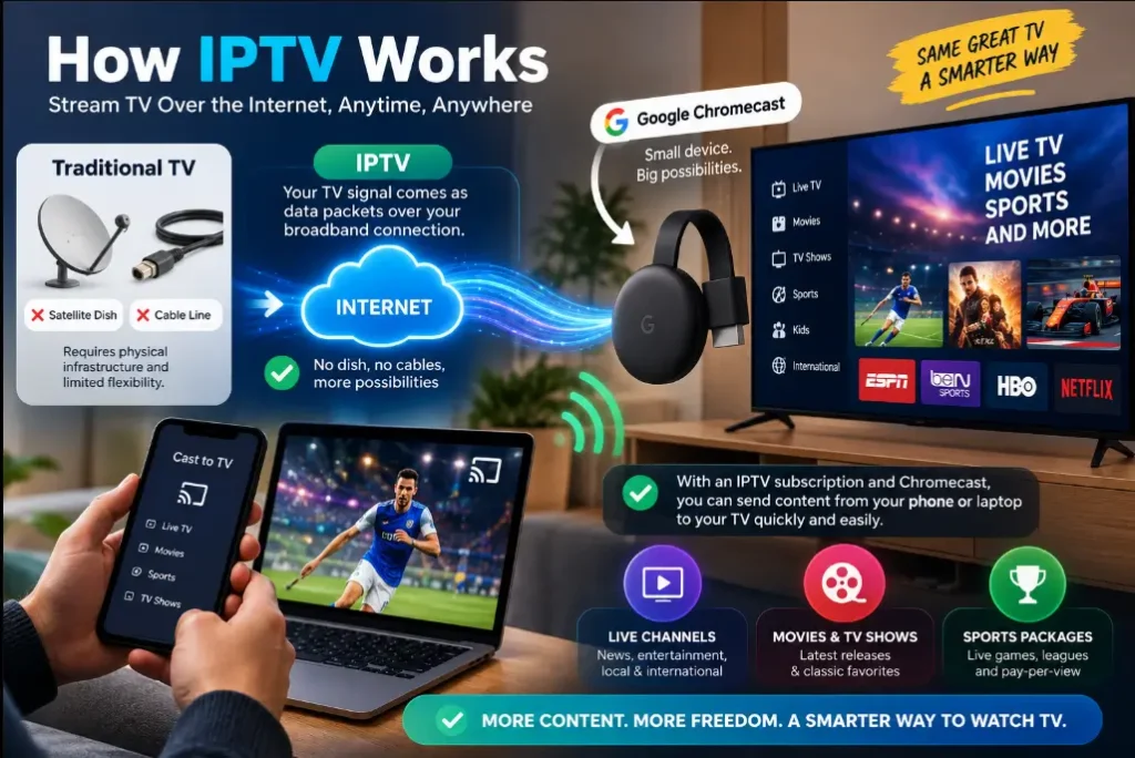 How IPTV works with Google Chromecast to stream live TV, movies, and sports over the internet