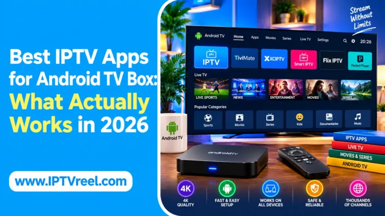 Android TV Box and remote on a media console running the best IPTV apps for Android TV Box
