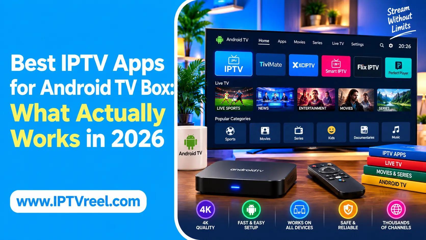Android TV Box and remote on a media console running the best IPTV apps for Android TV Box