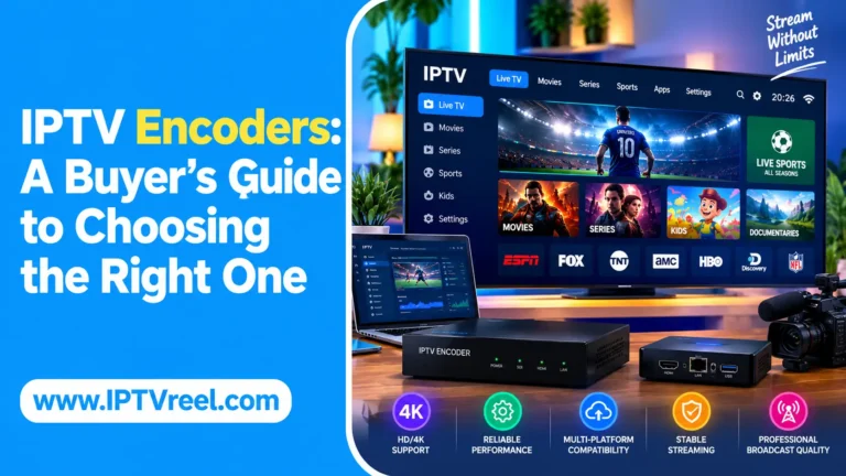 IPTV Encoders — Create a professional 16:9 SEO blog thumbnail using the EXACT same visual style, layout, composition,…