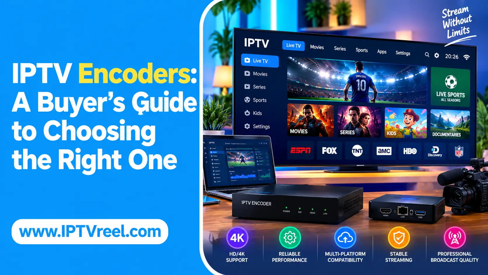 IPTV Encoders — Create a professional 16:9 SEO blog thumbnail using the EXACT same visual style, layout, composition,…