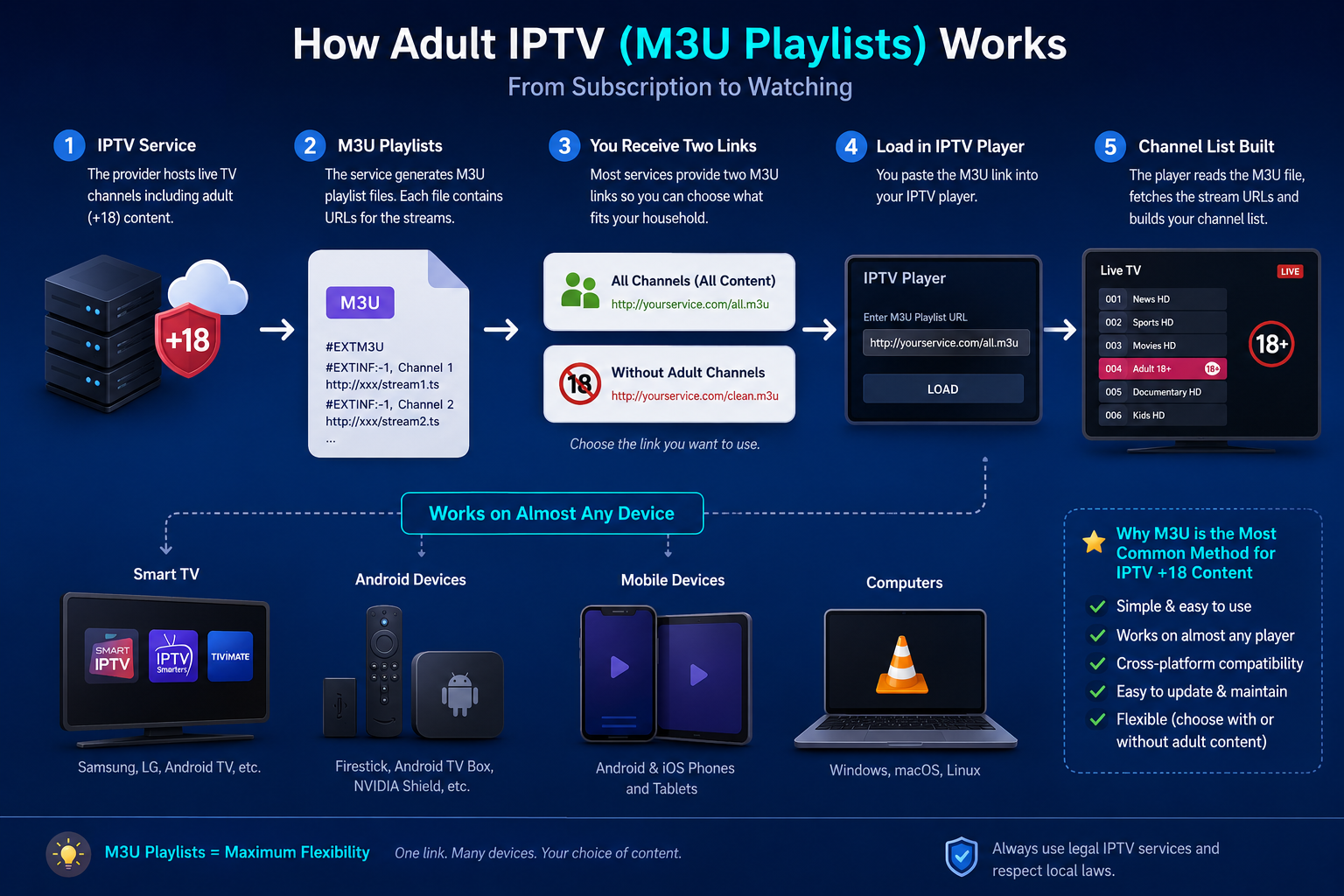 Adult IPTV M3U playlist process showing how M3U links deliver live channels to IPTV players across different devices